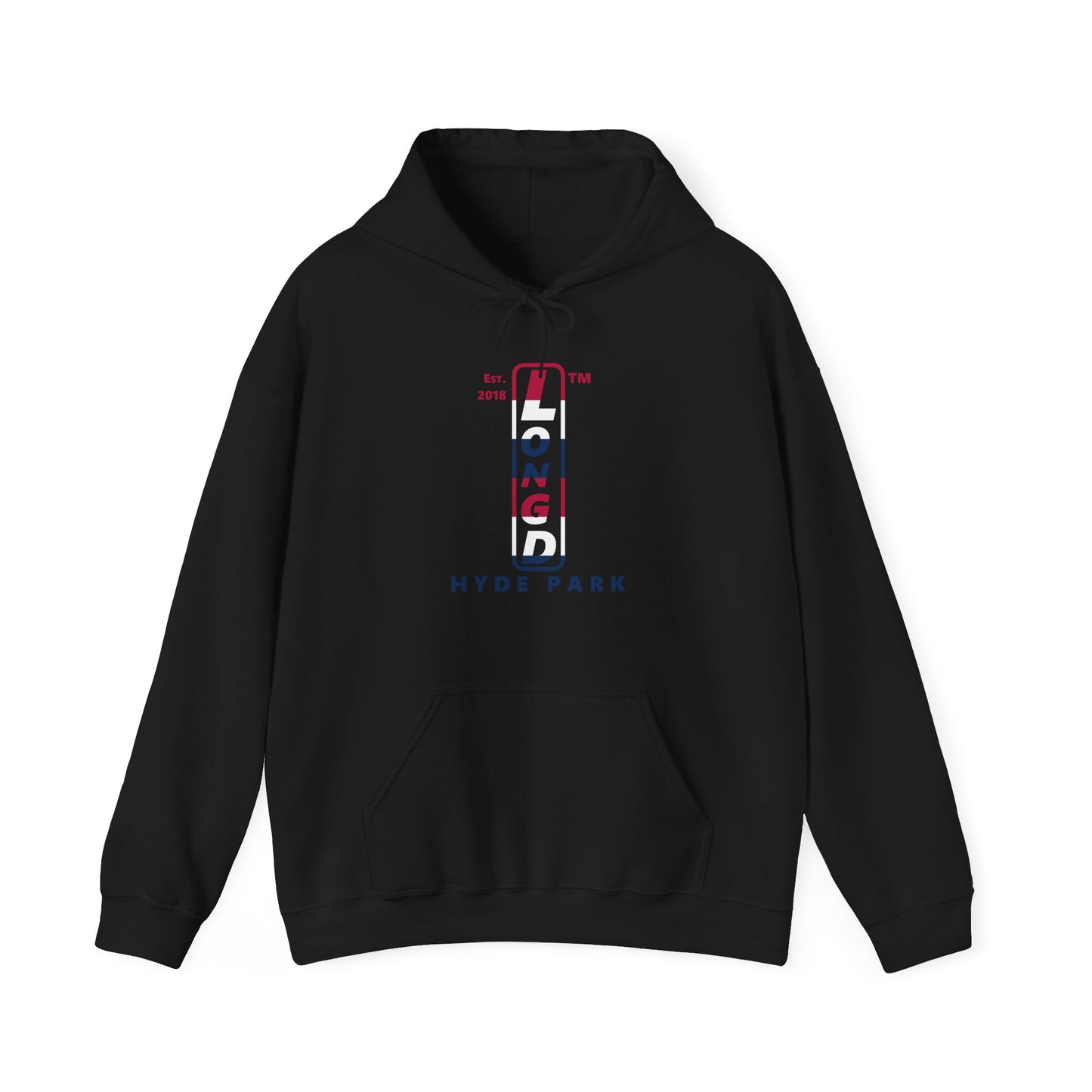 LongD® positive horizontal 6-striped upright Hyde Park logo hoodie (Patriotic colors)