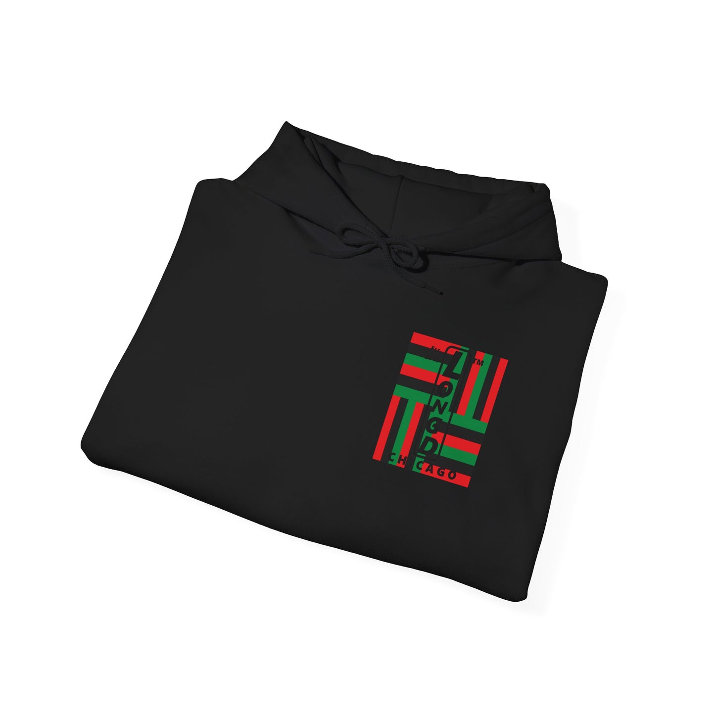 LongD single-breasted negative windmill front-back upright Chicago logo hoodie (Juneteenth colors)