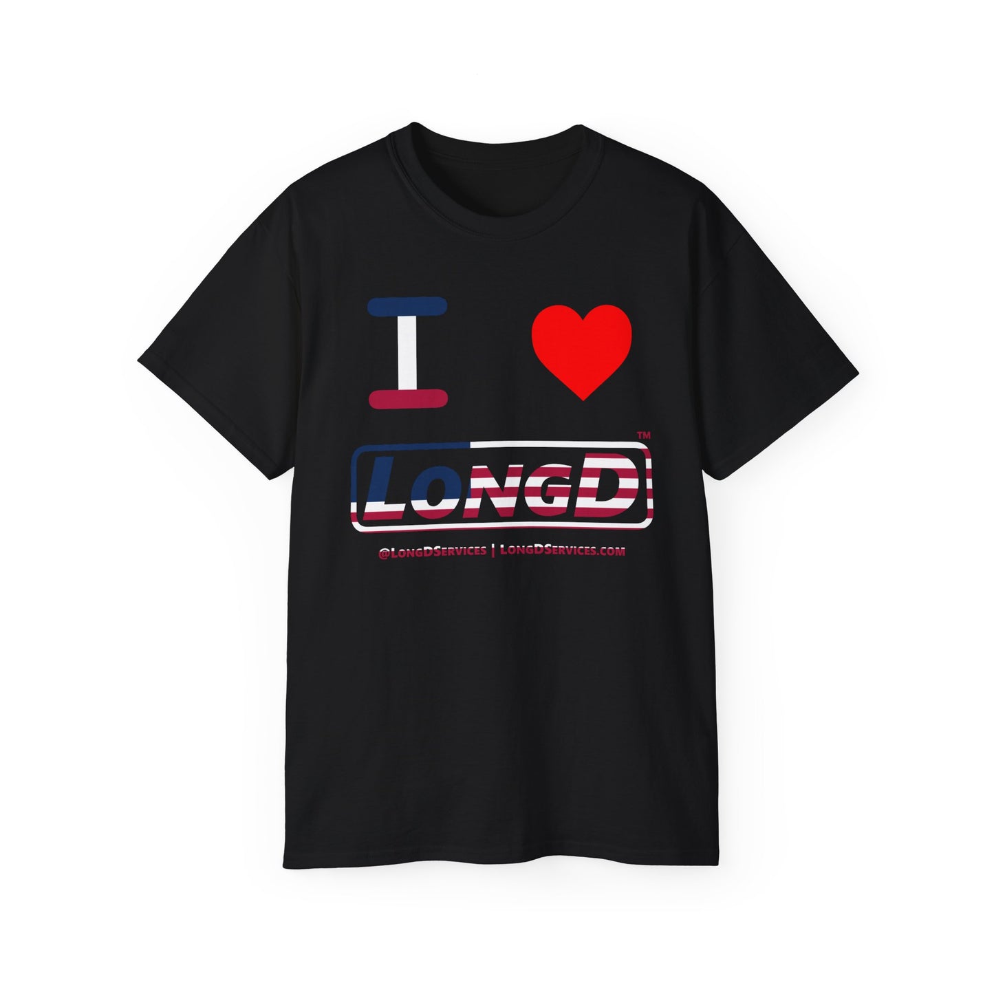 I Luv LongD® Logo Cotton Tee Red, White and Blue positive flag