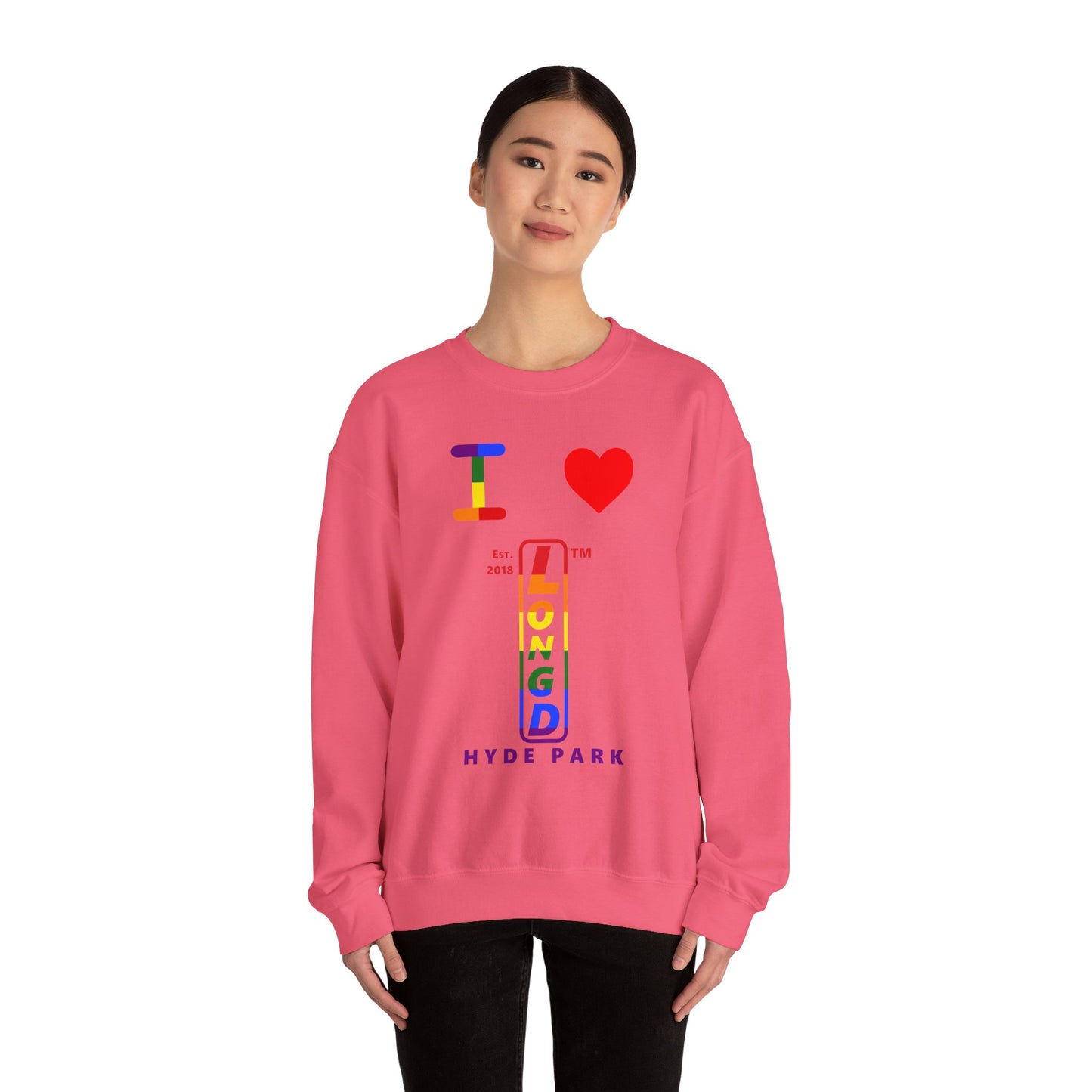 I Luv LongD positive horizontal 6-striped Hyde Park upright logo crewneck sweatshirt (Pride colors)