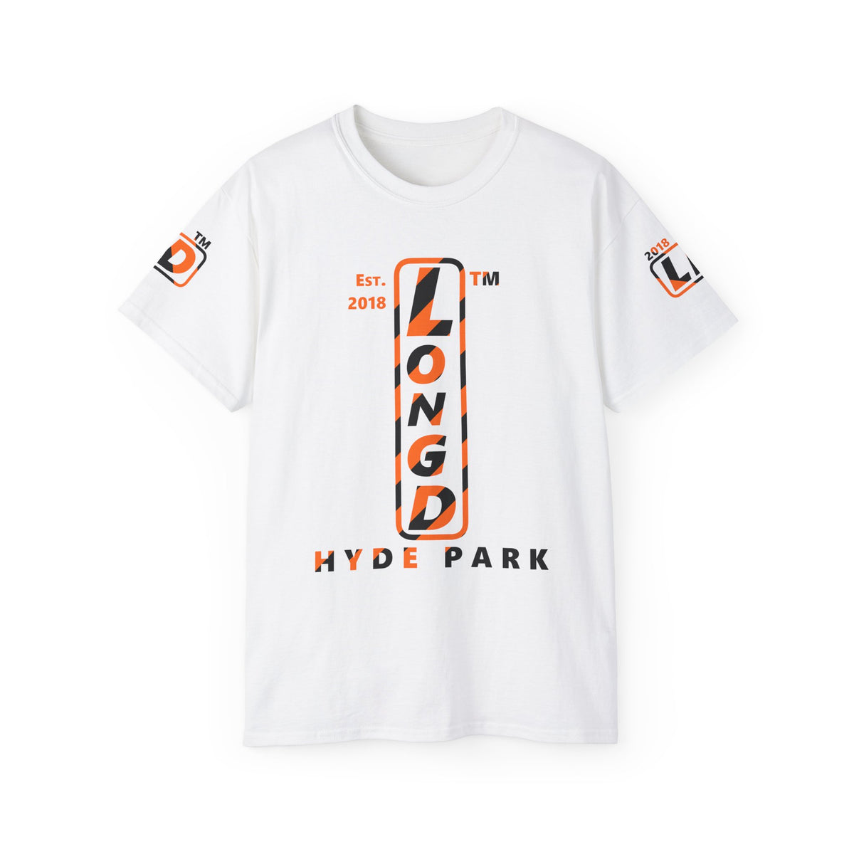 LongD Hyde Park positive upright pixel-weighted 12-striped 4-print logo (Halloween colors) cotton tee