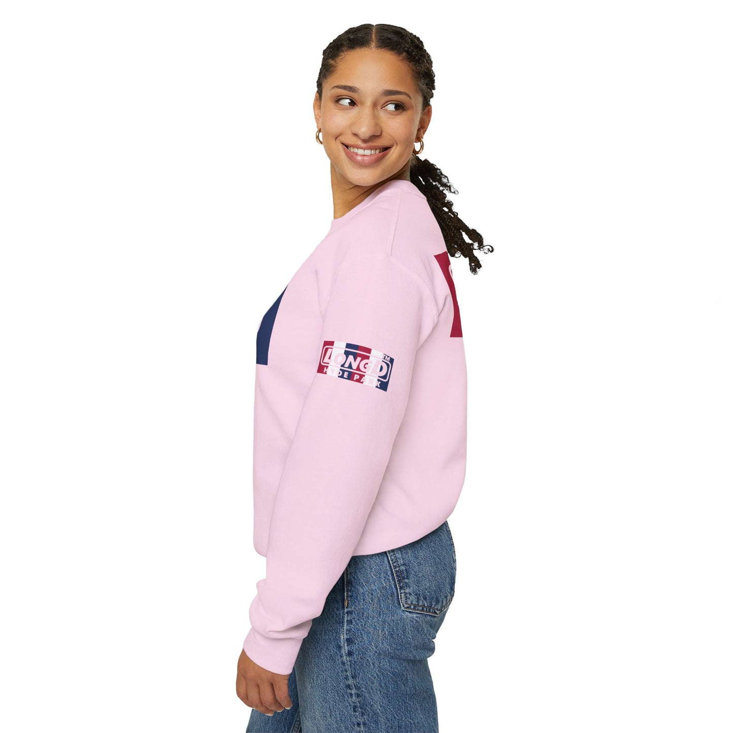 LongD negative vertical 6-striped 4-print double-breasted Chicago logo crewneck sweatshirt (patriotic colors)