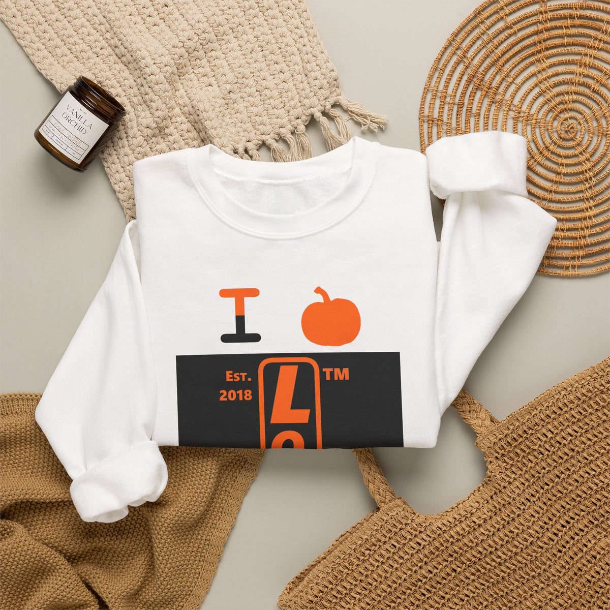 I pumpkin LongD Hyde Park upright logo positive orange on negative black crewneck sweatshirt