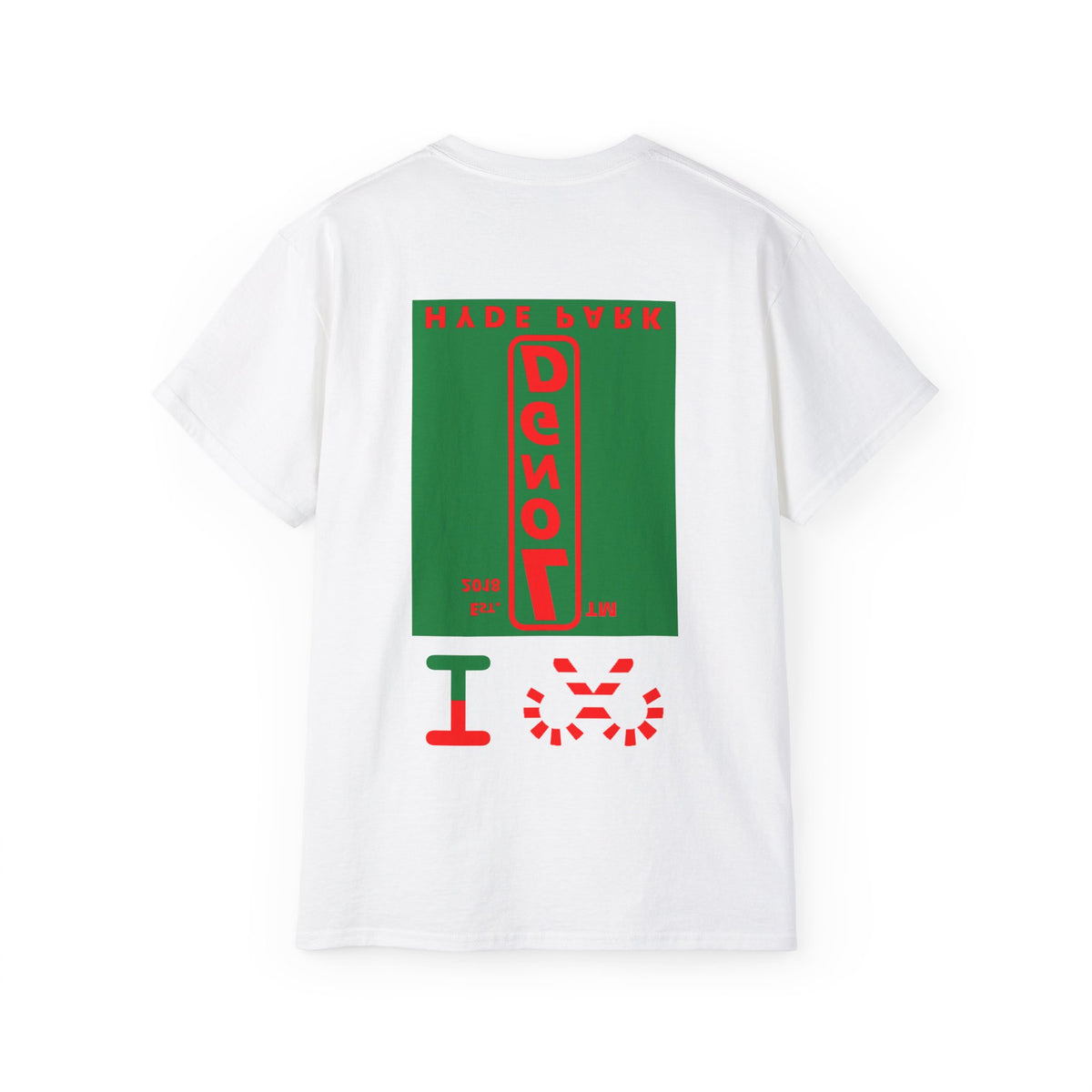 I candy cane LongD Hyde Park upright front-back logo positive red on negative green cotton tee