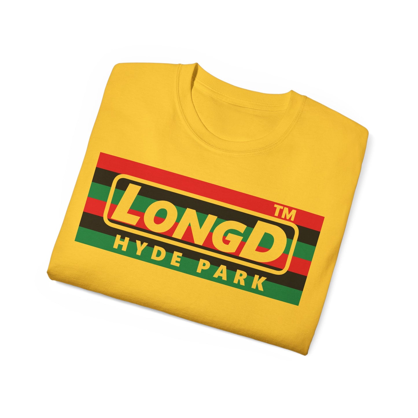 LongD negative horizontal 6-striped Hyde Park logo cotton tee (Juneteenth colors)