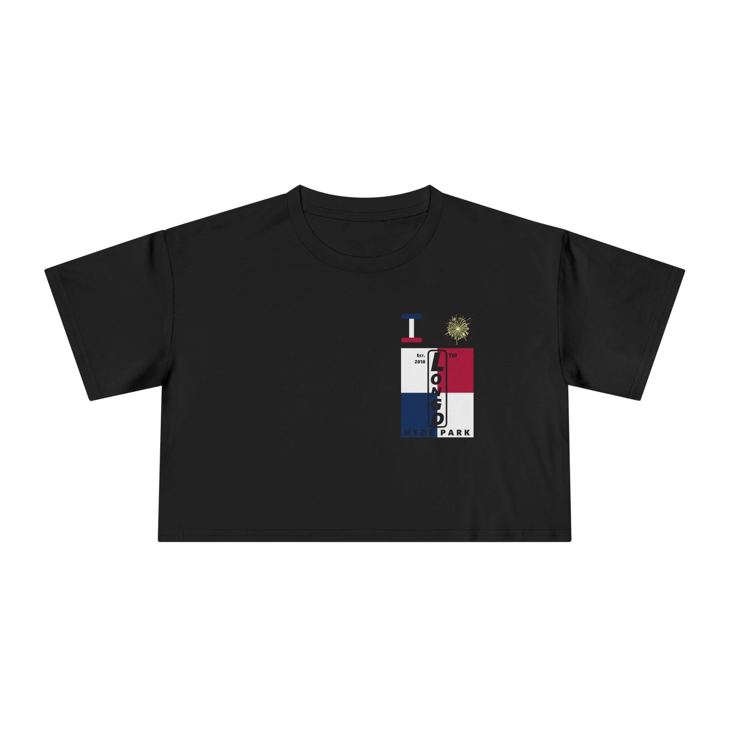 I burst LongD negative quarters upright single-breasted Hyde Park logo crop tee