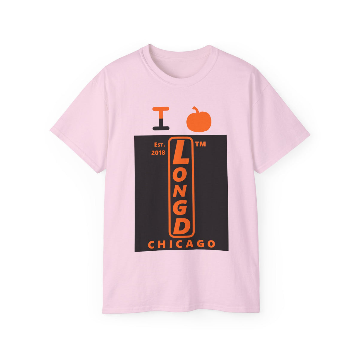 I pumpkin LongD Chicago upright logo positive orange on negative black cotton tee