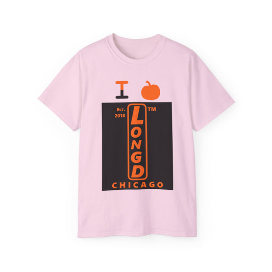 I pumpkin LongD Chicago upright logo positive orange on negative black cotton tee