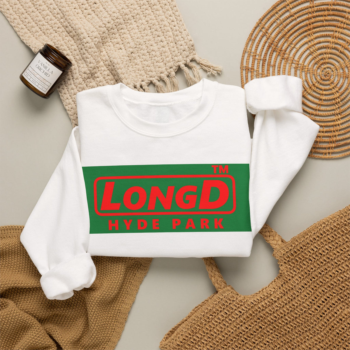 LongD Hyde Park logo positive red on negative green (Xmas colors) crewneck sweatshirt