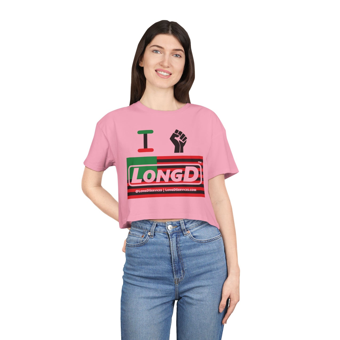 I Fist LongD Logo Women's Crop Tee (Black fist and Juneteenth negative flag logo)
