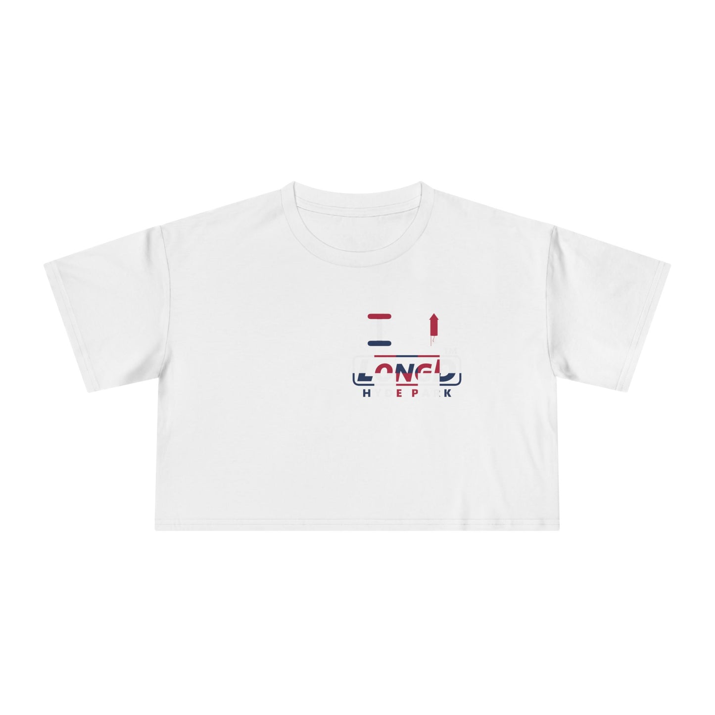 I firecracker LongD positive 2x5 single-breasted front-back Hyde Park Logo Crop Tee (Patriotic colors)