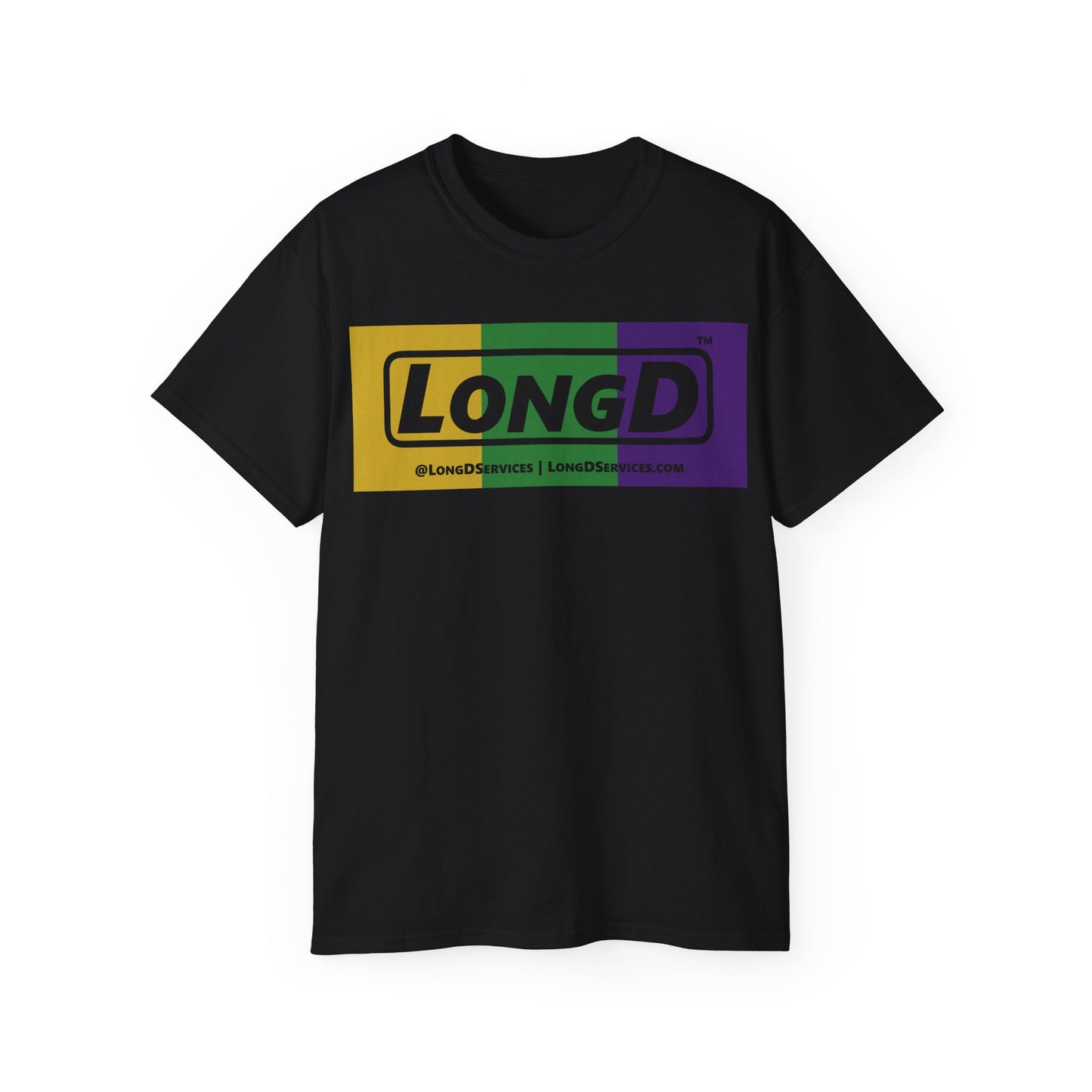 LongD® Logo Cotton Tee (Mardi Gras colored negative text)