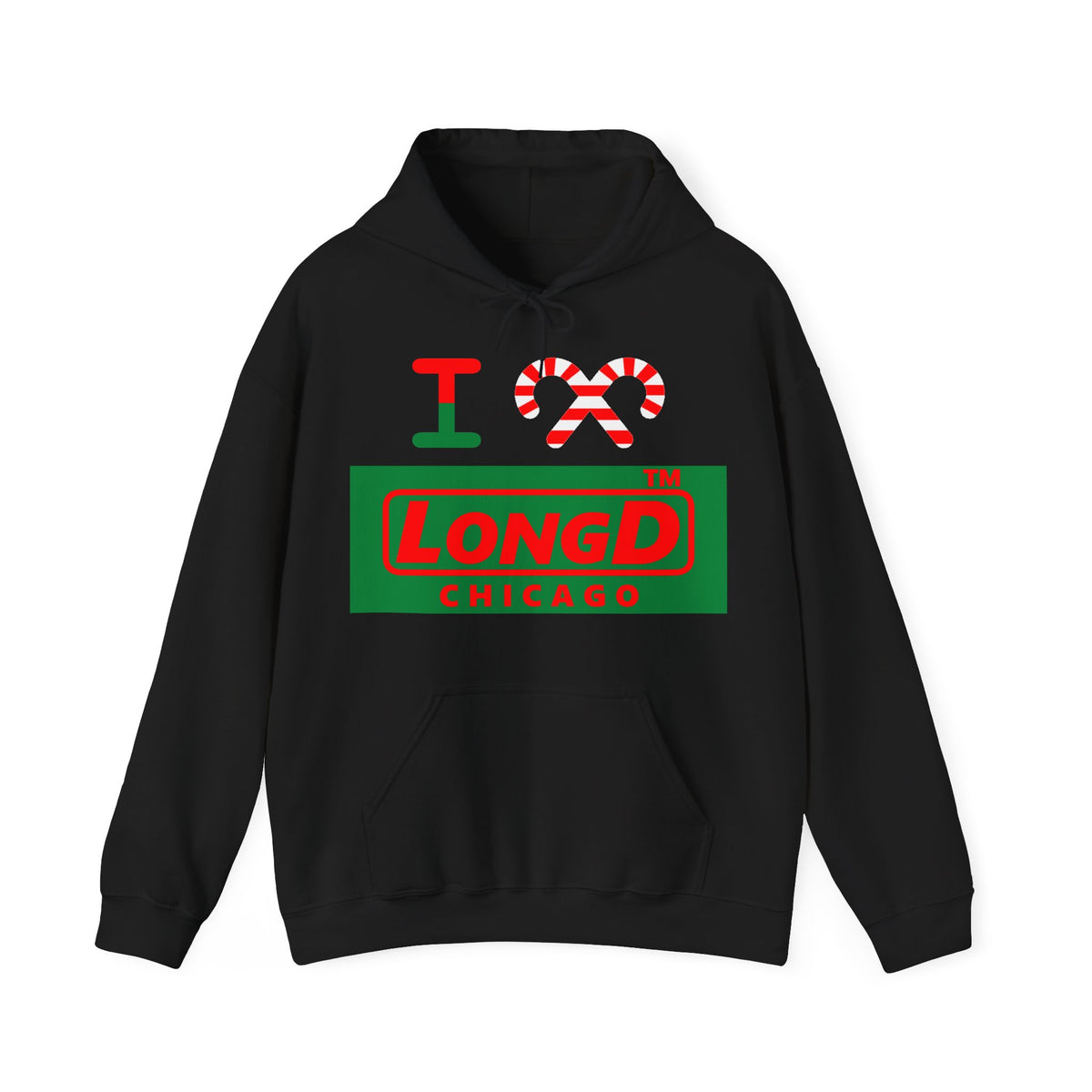 I candy cane LongD Chicago logo positive red on negative green hoodie