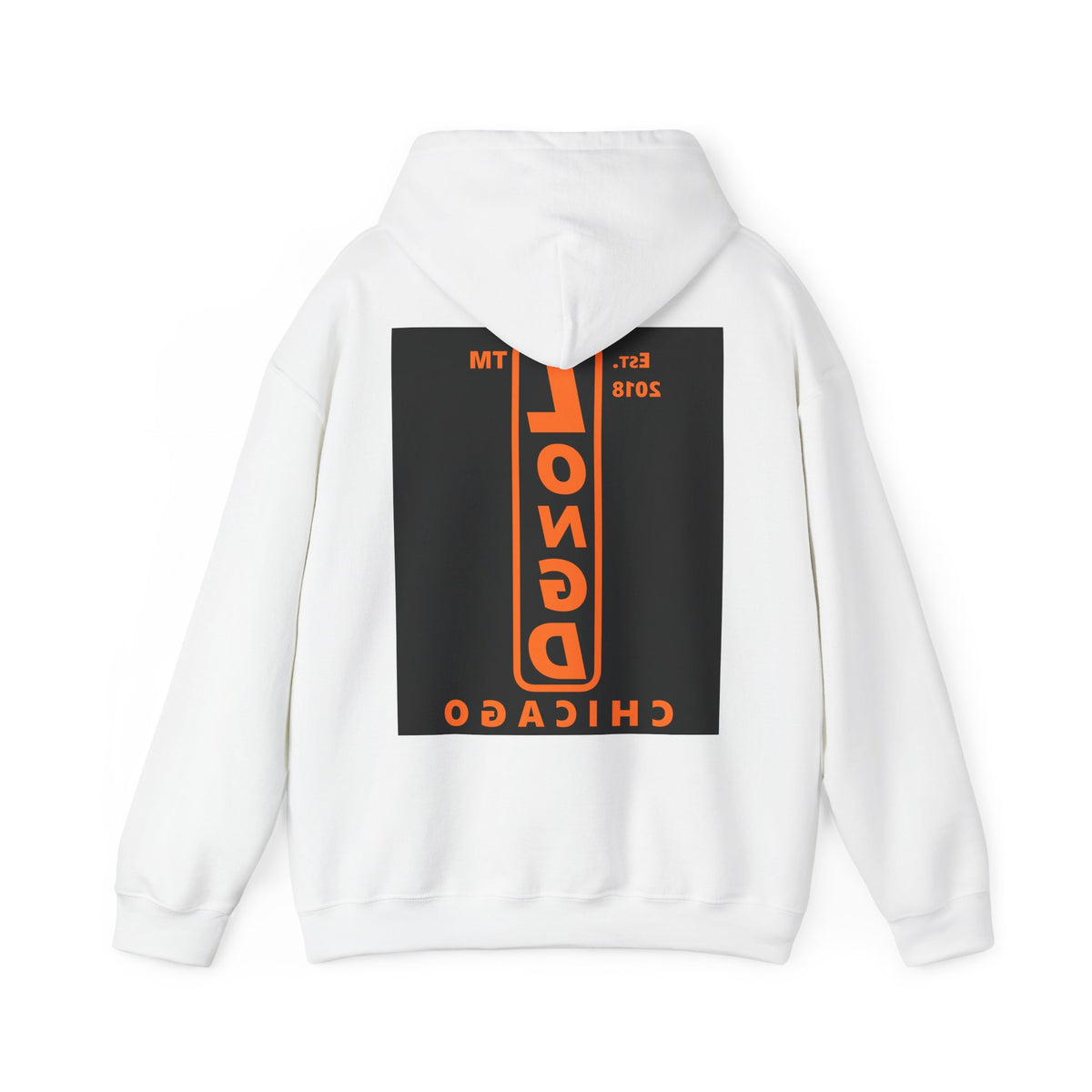 LongD Chicago upright front-back logo orange (FE7518) on Black (000000) hoodie