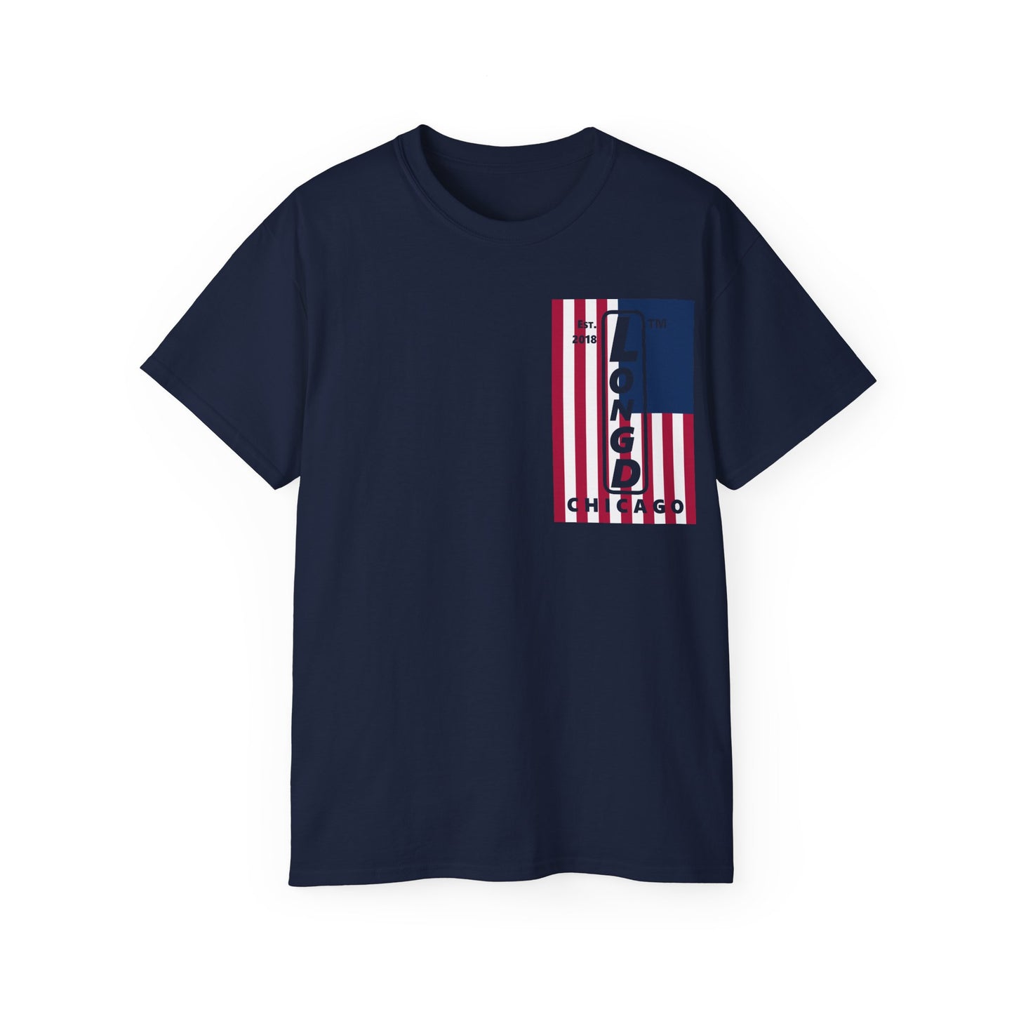 LongD cotton tee negative cropped flag single-breasted front-back Chicago upright logo (Patriotic colors)