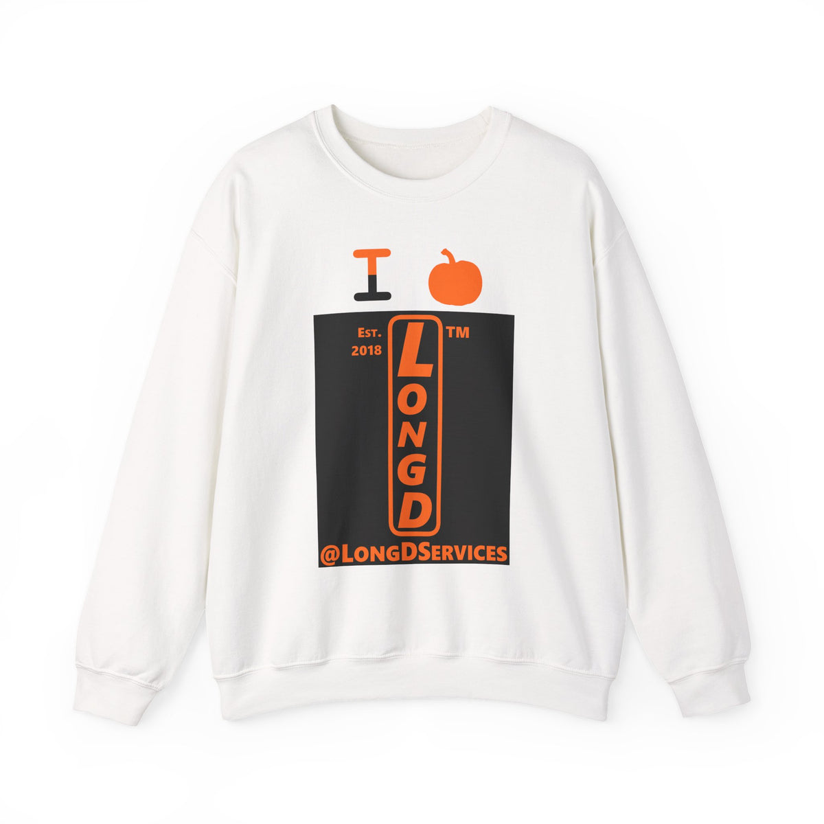 I pumpkin LongD Tag upright logo positive orange on negative black crewneck sweatshirt