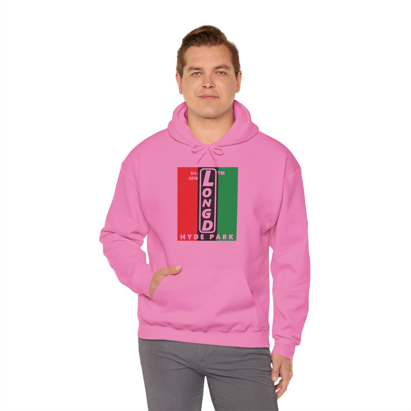 LongD® negative vertical 3-striped upright Hyde Park logo hoodie (Juneteenth colors)