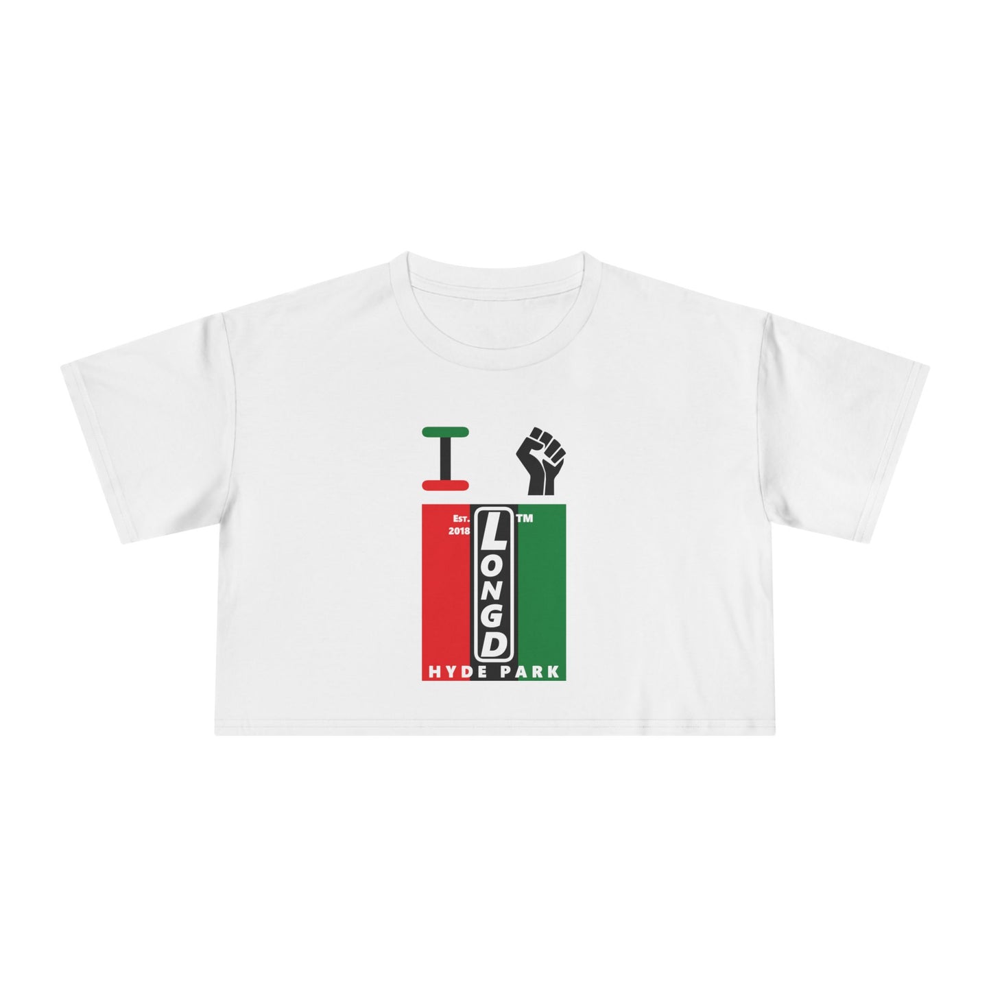 I fist LongD negative vertical 3-striped upright front-back Hyde Park logo crop tee (Juneteenth colors)