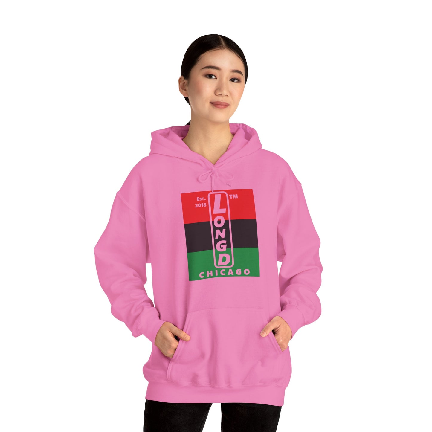 LongD® negative horizontal 3-striped upright Chicago logo hoodie (Juneteenth colors)