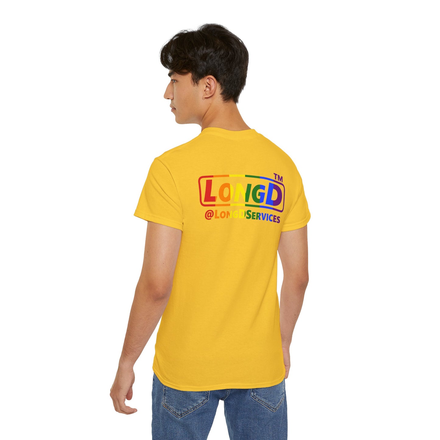LongD positive vertical striped front-back Hyde Park logo cotton tee (Pride colors)
