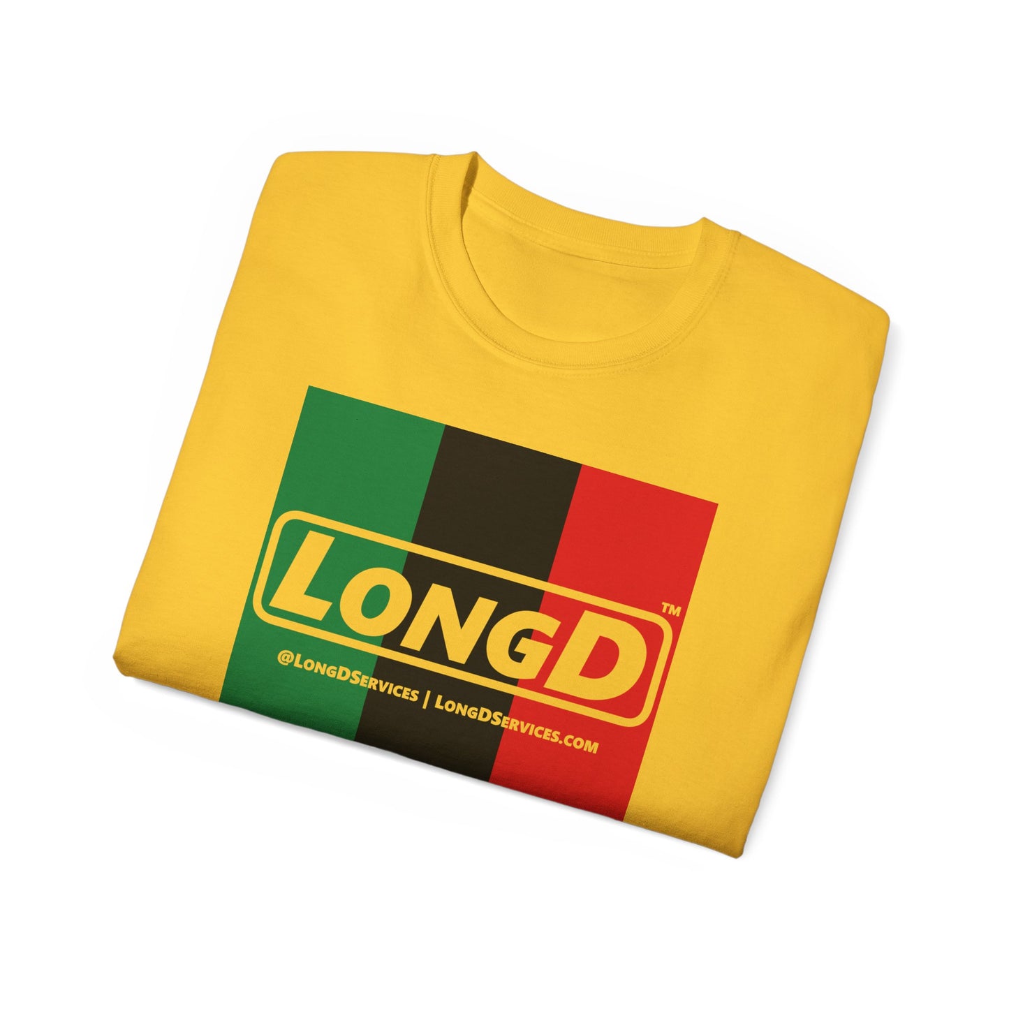 LongD® Logo Cotton Tee Juneteenth vertical Pan-African Flag negative text