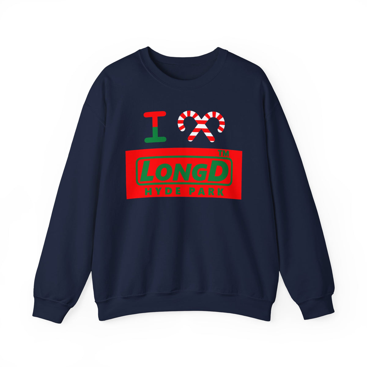 I candy cane LongD Hyde Park logo positive green on negative red crewneck sweatshirt