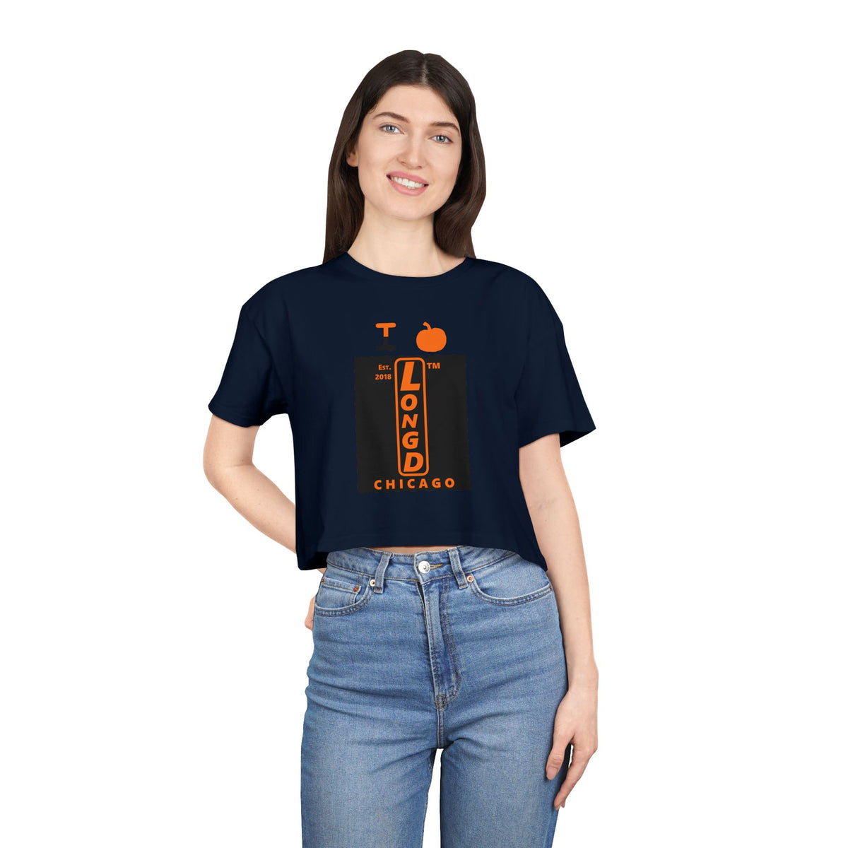 I pumpkin LongD Chicago upright logo positive orange on negative black crop tee