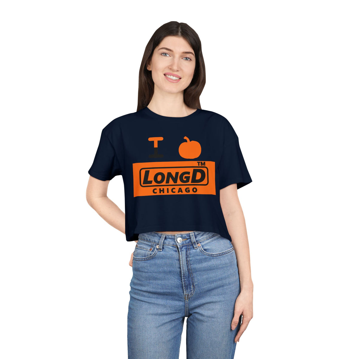 I pumpkin LongD Chicago logo positive black on negative orange crop tee