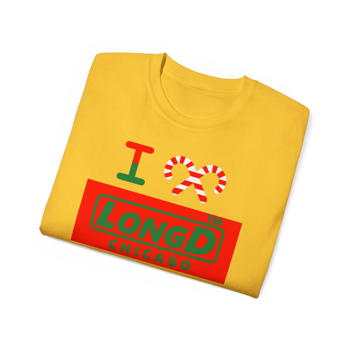 I candy cane LongD Chicago logo positive green on negative red cotton tee