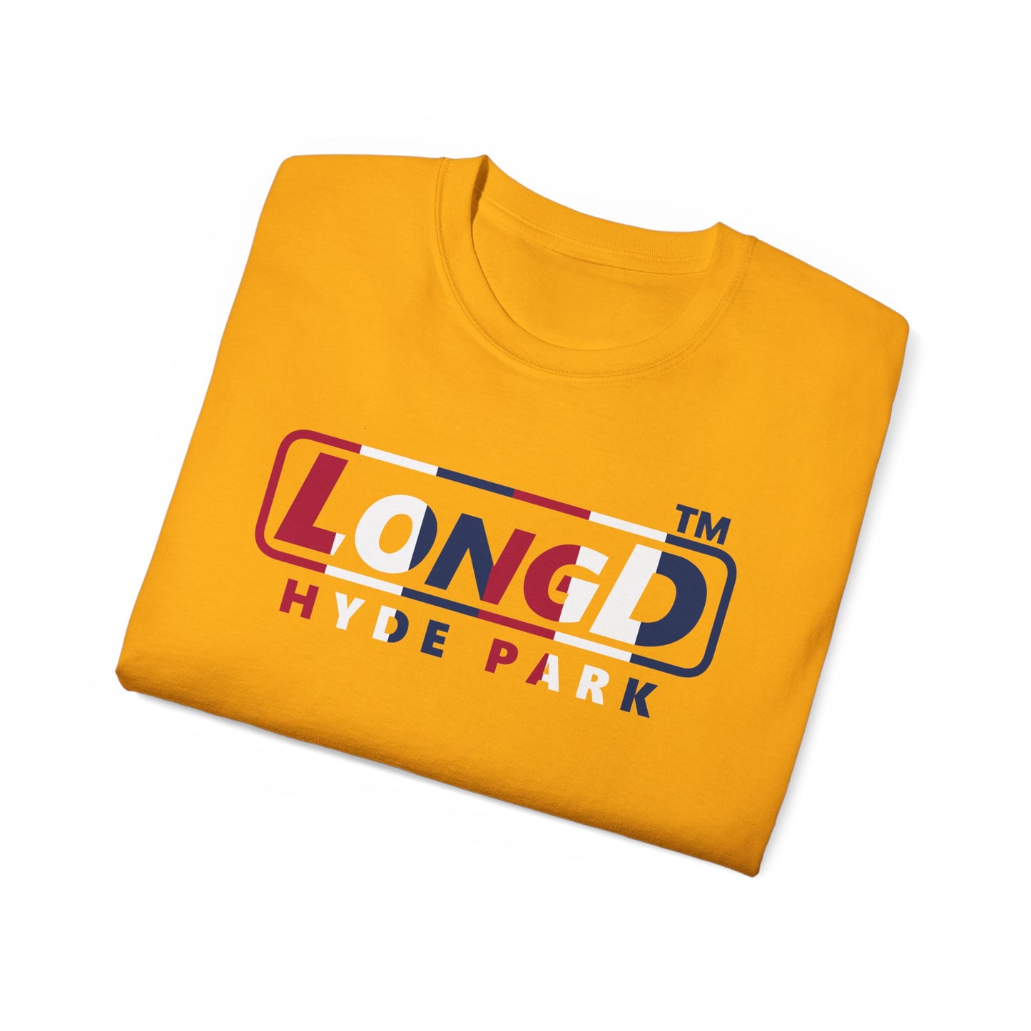 LongD positive vertical 6-striped Hyde Park logo cotton tee (patriotic colors)