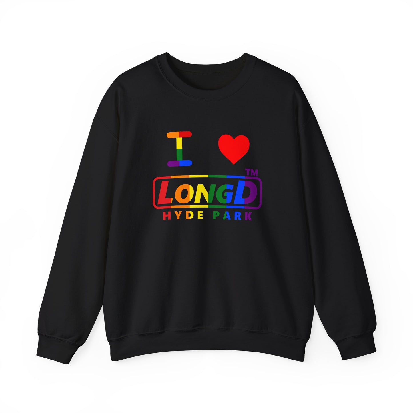 I Luv LongD positive vertical striped Hyde Park logo crewneck sweatshirt (Pride colors)