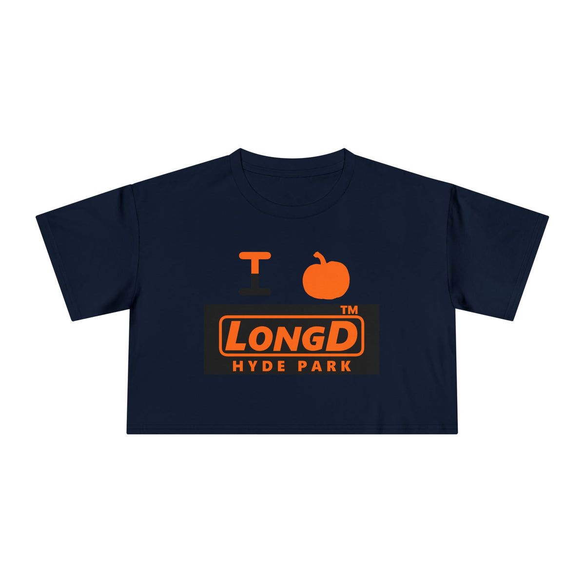 I pumpkin LongD Hyde Park logo positive orange on negative black crop tee