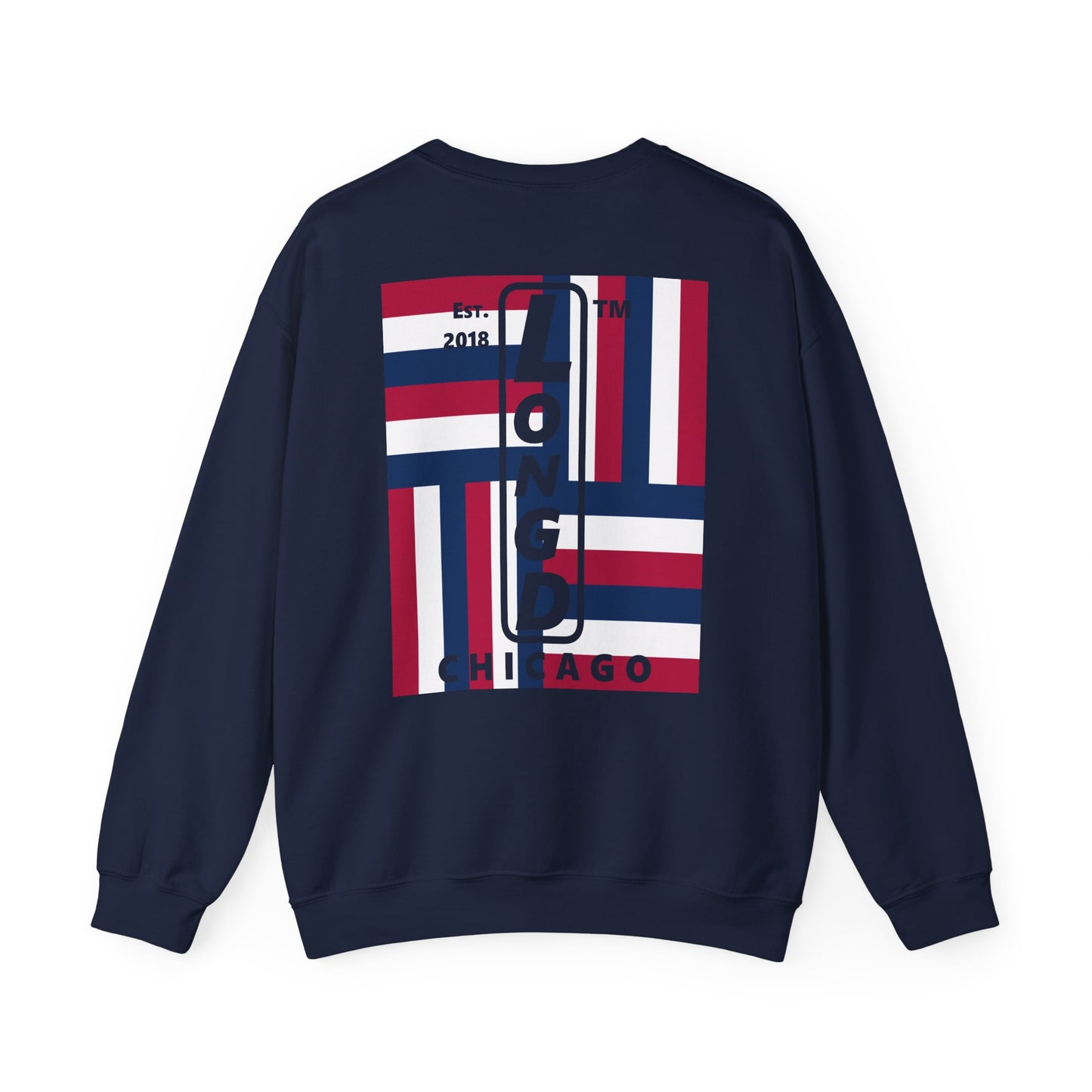 LongD negative rotated windmill Chicago front-back upright logo crewneck sweatshirt (patriotic colors)