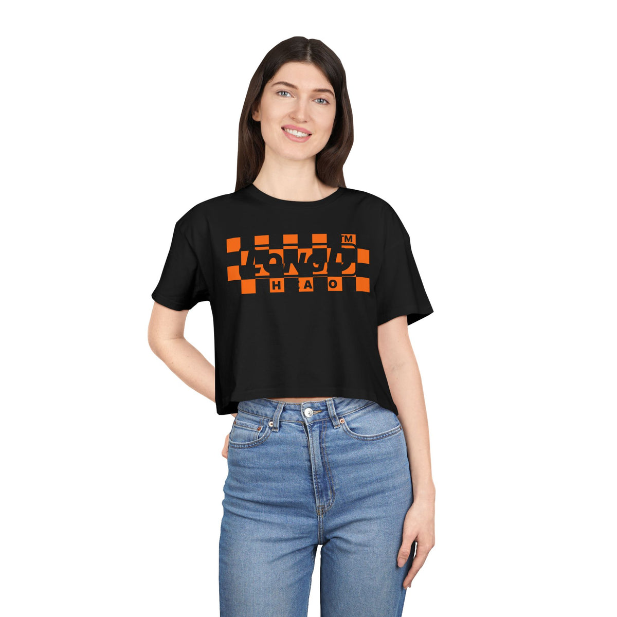 LongD Chicago negative checkered logo (Halloween colors) crop tee