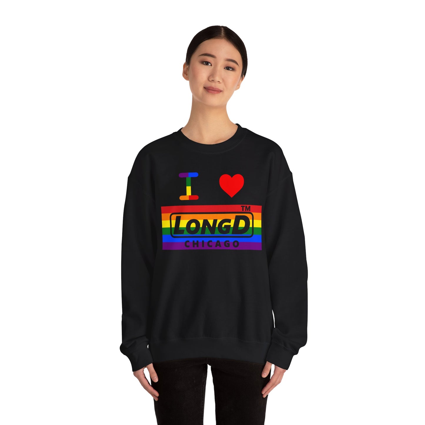I Luv LongD negative horizontal striped Chicago logo crewneck sweatshirt (Pride colors)
