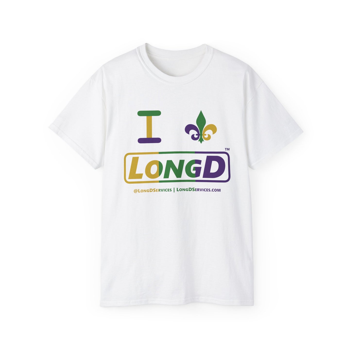 I Fleur LongD® Logo Cotton Tee (Mardi Gras colored text, positive logo & fleur de lis)