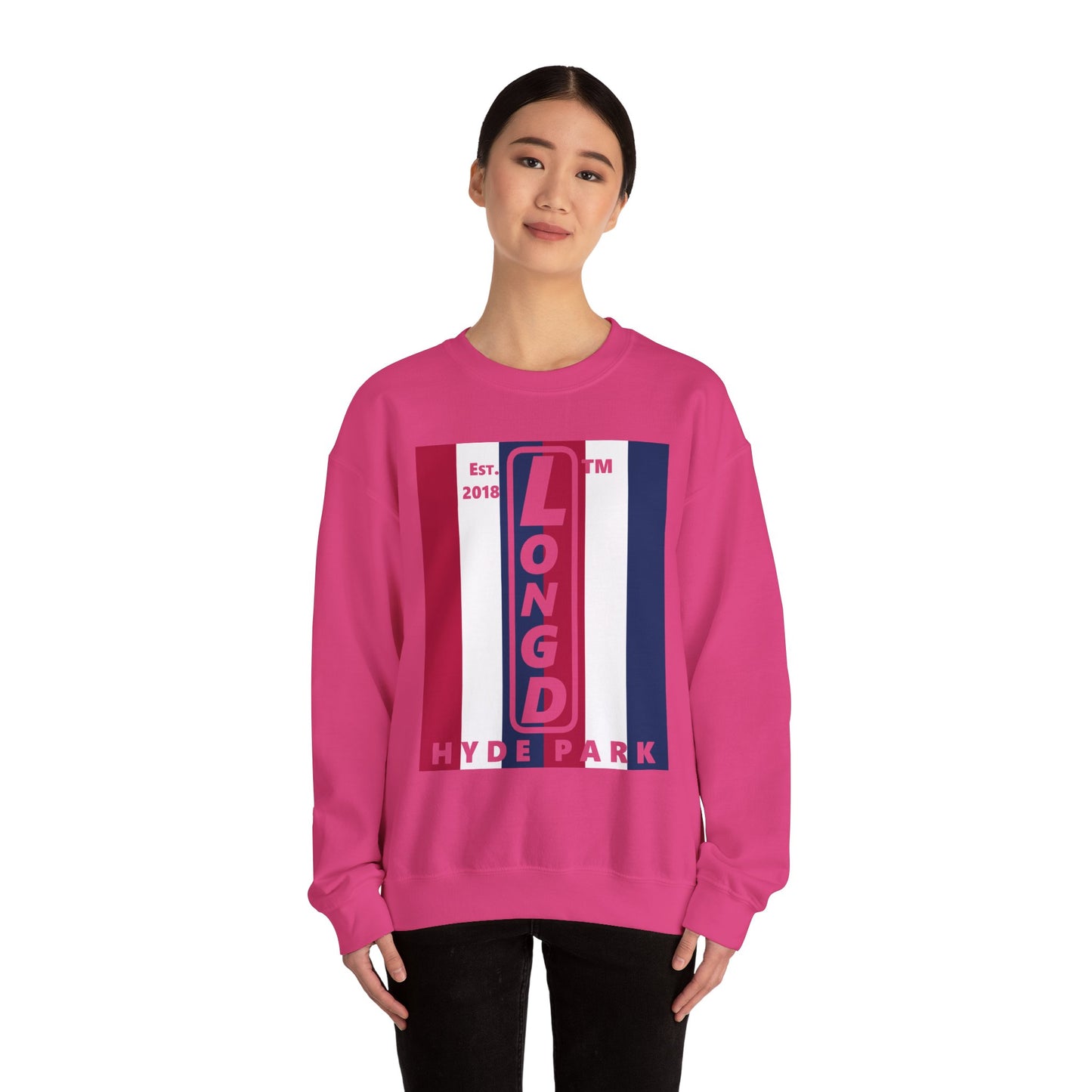 LongD negative vertical 6-striped Hyde Park upright logo crewneck sweatshirt (patriotic colors)