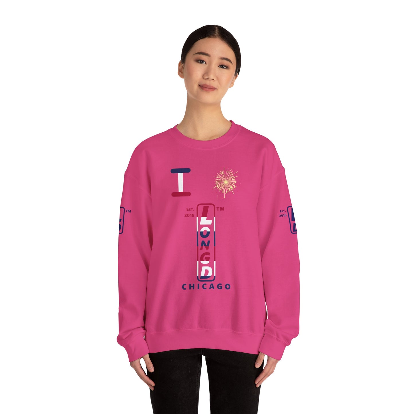 I Burst LongD positive horizontal 6-striped Chicago upright 4-print logo crewneck sweatshirt