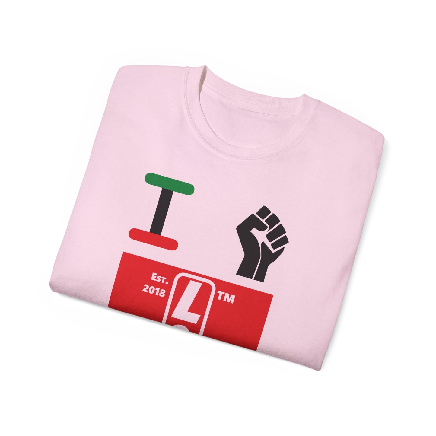 I fist LongD Cotton Tee negative horizontal striped Hyde Park upright logo (Juneteenth colors)