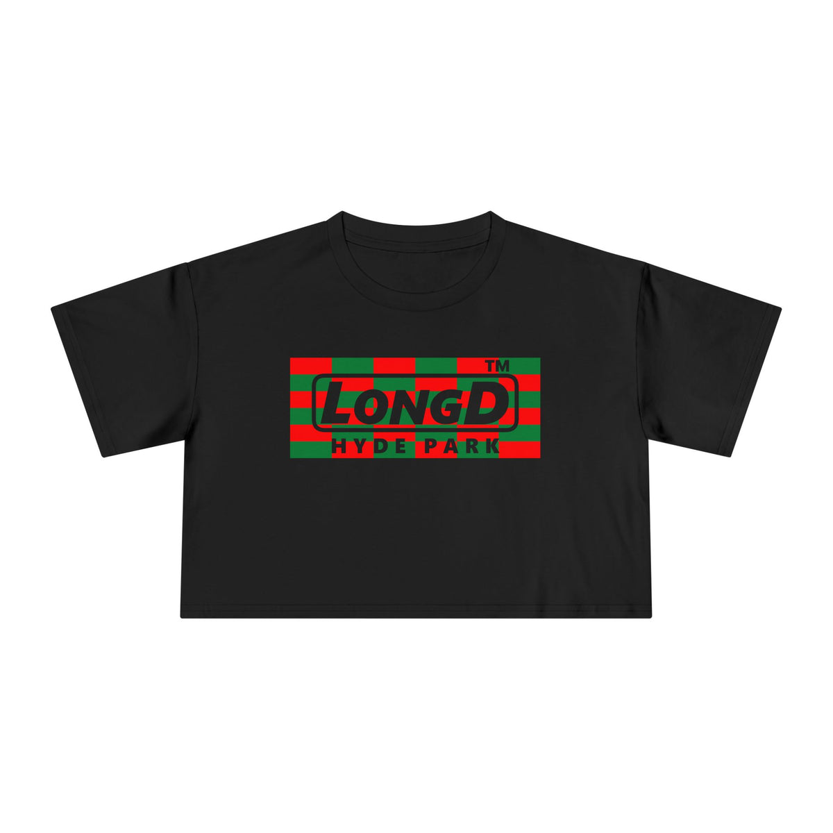 LongD Hyde Park negative tiled logo (Xmas colors) crop tee
