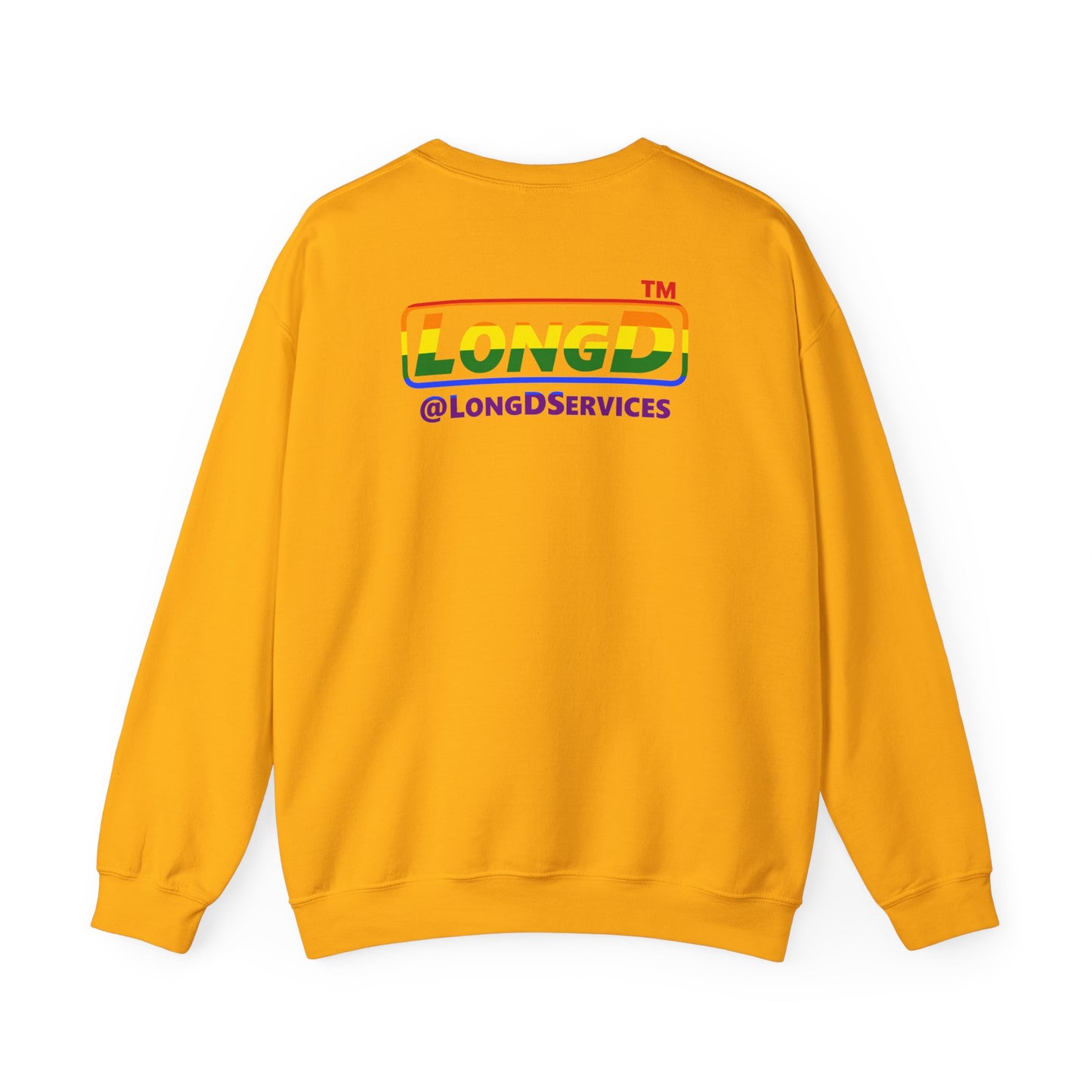 I Luv LongD positive horizontal striped front-back Hyde Park logo crewneck sweatshirt (Pride colors)