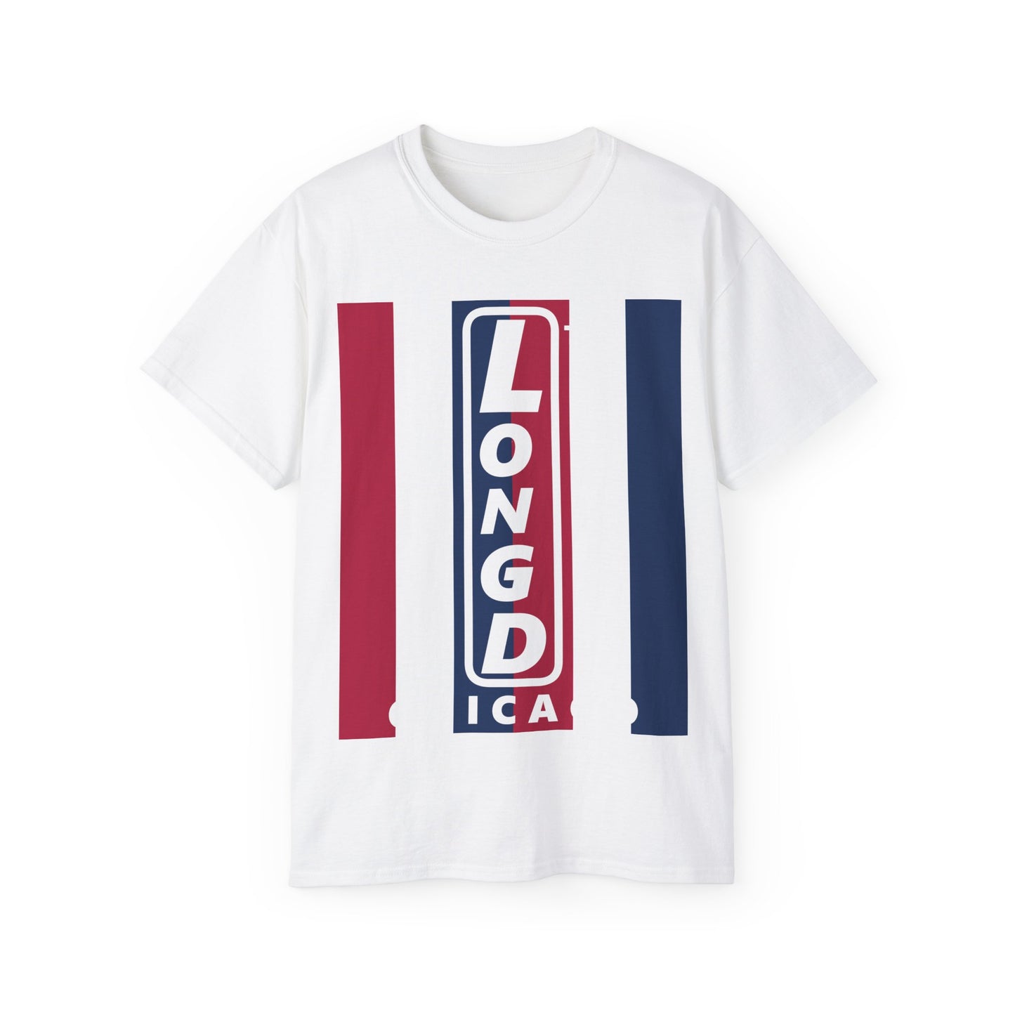 LongD cotton tee negative vertical 6-striped Chicago upright logo (Patriotic colors)
