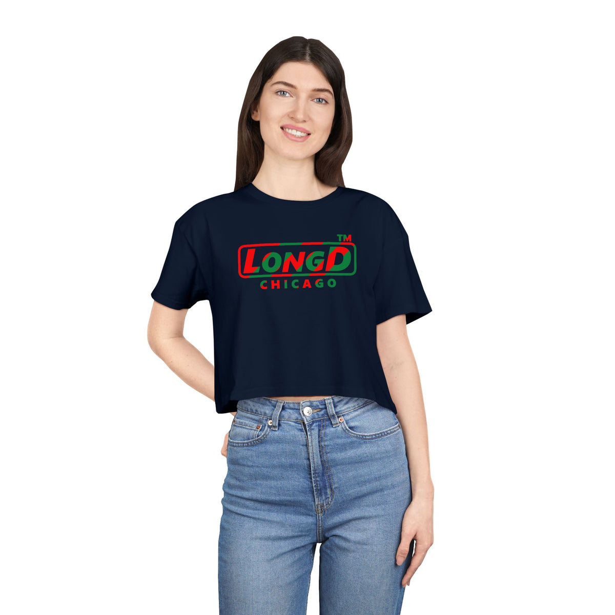 LongD Chicago positive pixel-weighted 6-striped logo (Xmas colors) crop tee