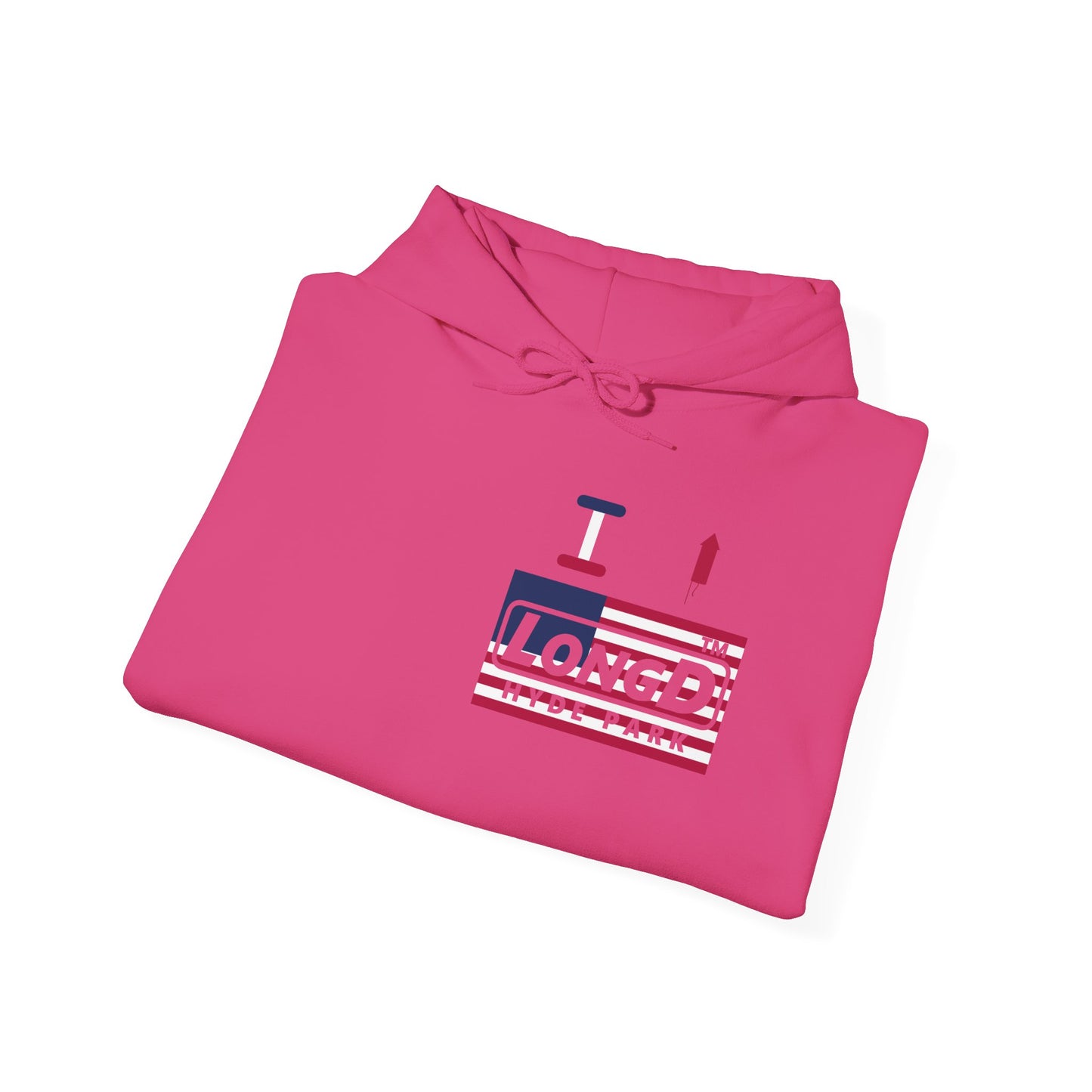 I firecracker LongD® negative flag front-back single breasted Hyde Park logo hoodie