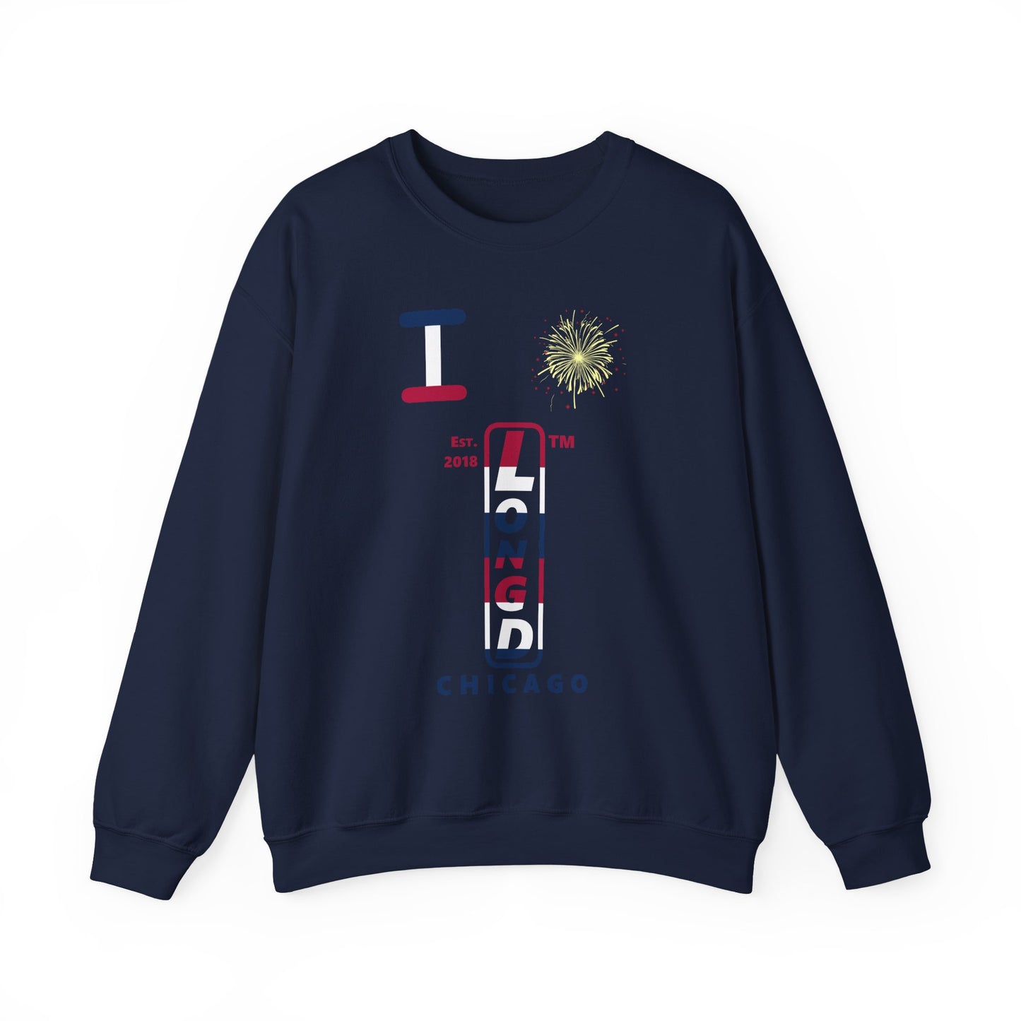 I Burst LongD positive horizontal 6-striped Chicago upright logo crewneck sweatshirt