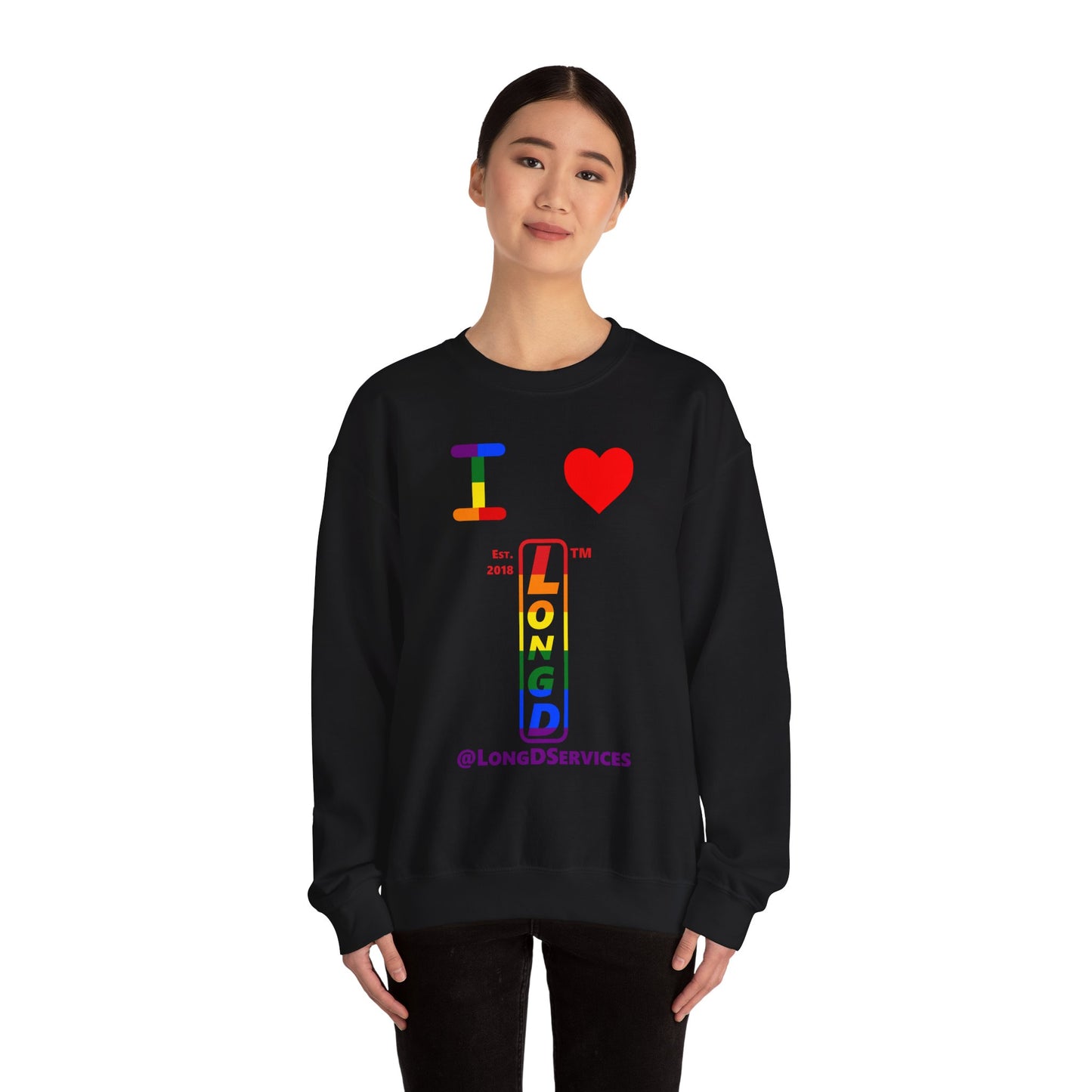 I Luv LongD positive horizontal 6-striped tag upright logo crewneck sweatshirt