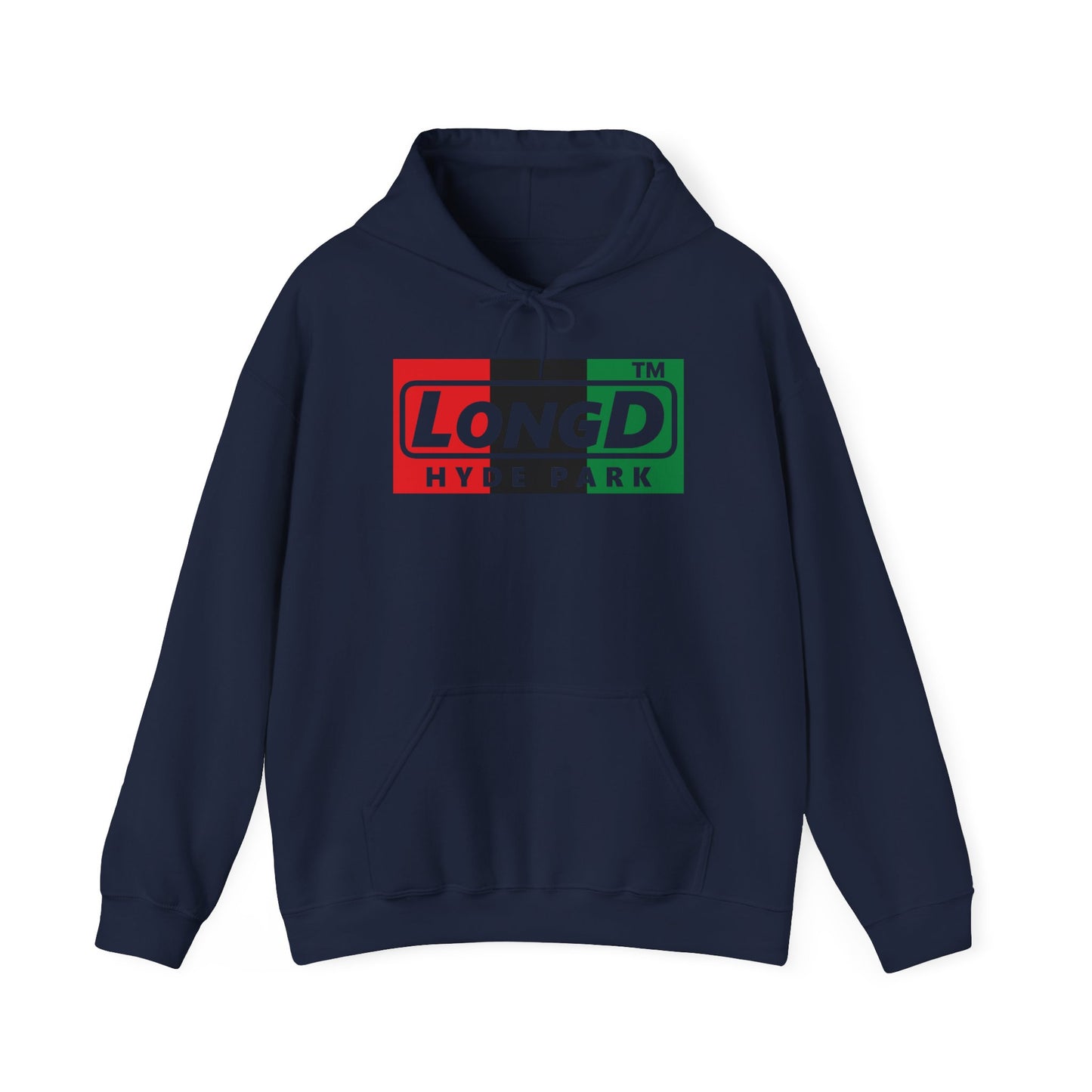 LongD® negative vertical 3-striped Hyde Park logo Hoodie (Juneteenth colors)