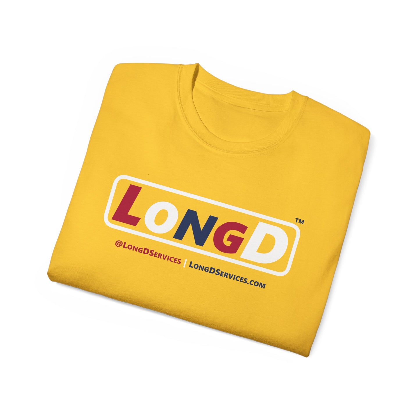 LongD® Logo Cotton Tee Red, White and Blue positive varied elements text