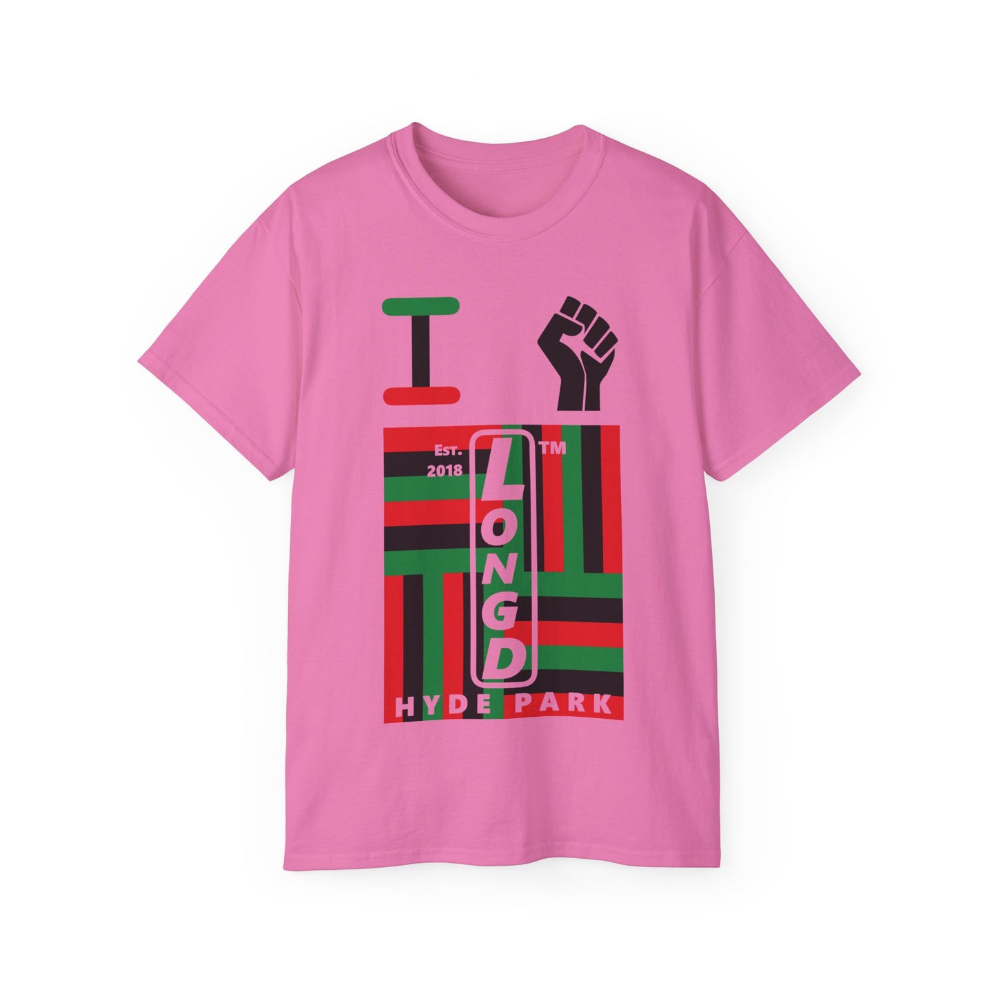 I fist LongD Cotton Tee negative windmill Hyde Park upright logo (Juneteenth colors)