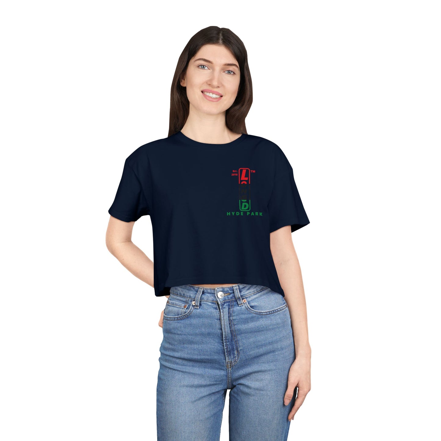 Positive horizontal 3-striped upright single-breasted Hyde Park logo crop tee (Juneteenth colors)